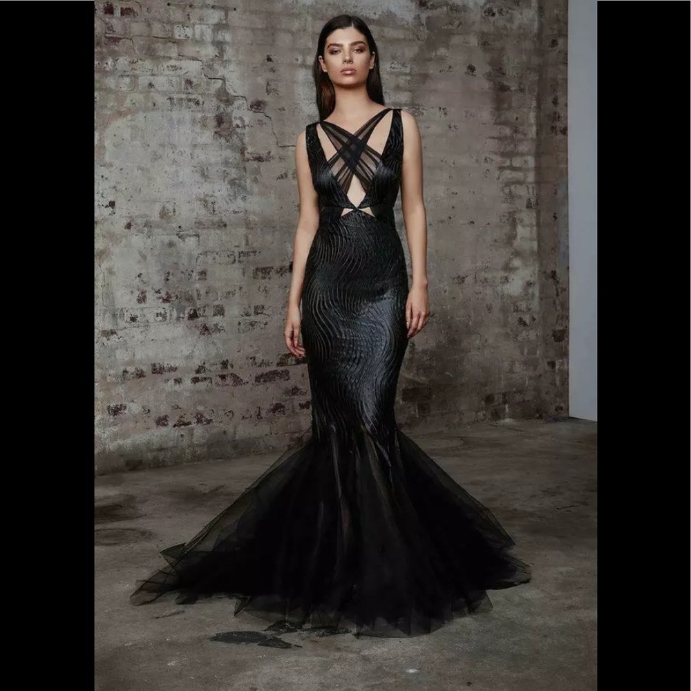 LEXI Long Black Leather Look Soho Gown w/ Tulle